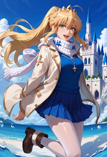 fate_(series),artoria_pendragon_(swimsuit_ruler)_(fate),winter,student uniform,puffer jacket  - AI generated anime art