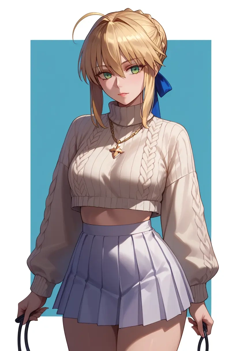 fate_(series),artoria_pendragon_(swimsuit_ruler)_(fate),sweater,cropped,pleated midi skirt  - 