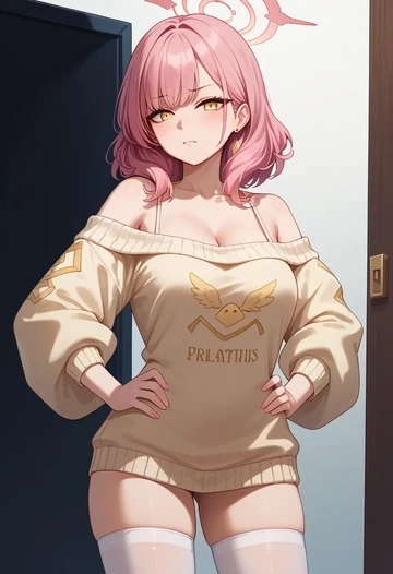 blue_archive,aru_(blue_archive),Hands on hips,off-shoulder,sweater,stockings  - AI generated anime art