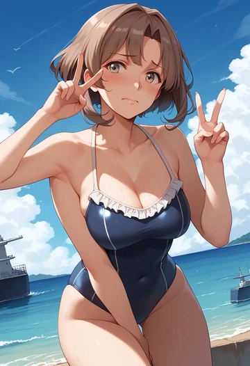 kantai_collection,asagumo_(kancolle),retro style swimsuit,frilled neckline,bow detail  - AI generated anime art