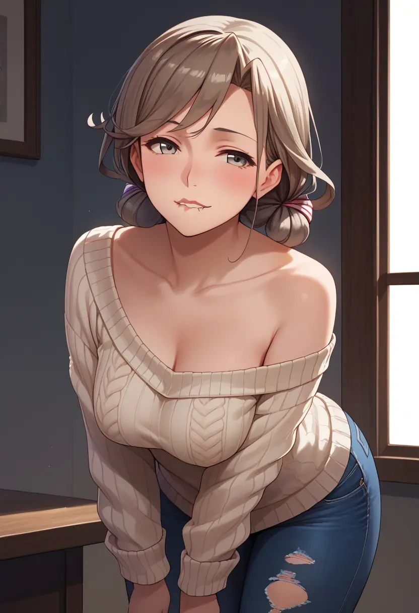 kantai_collection,asagumo_(kancolle),sweater,off-shoulder,ripped jeans  - 