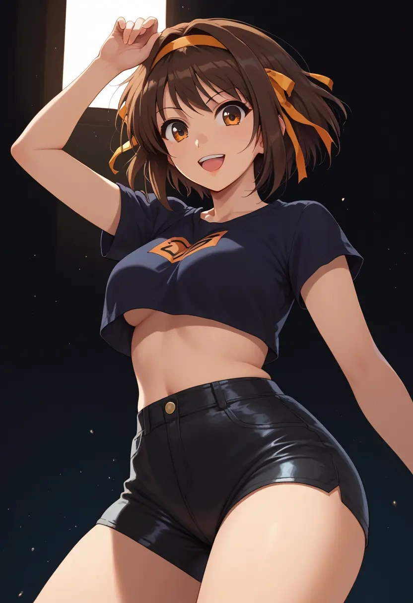 suzumiya_haruhi_no_yuuutsu,asahina_mikuru,leather,shorts,crop top  - 