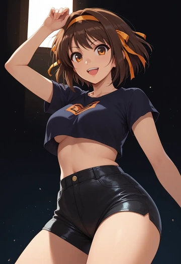 suzumiya_haruhi_no_yuuutsu,asahina_mikuru,leather,shorts,crop top  - AI generated anime art