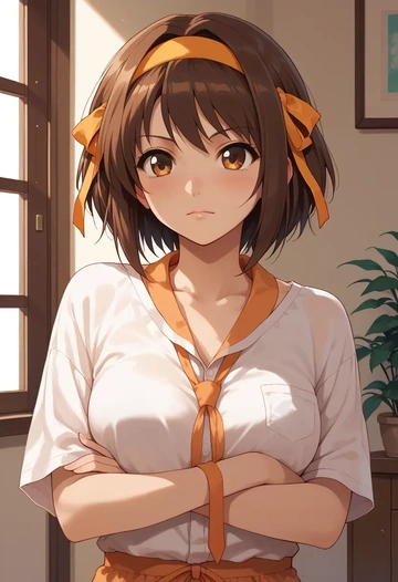 suzumiya_haruhi_no_yuuutsu,asahina_mikuru,tie-dye shirt,dolphin shorts  - AI generated anime art