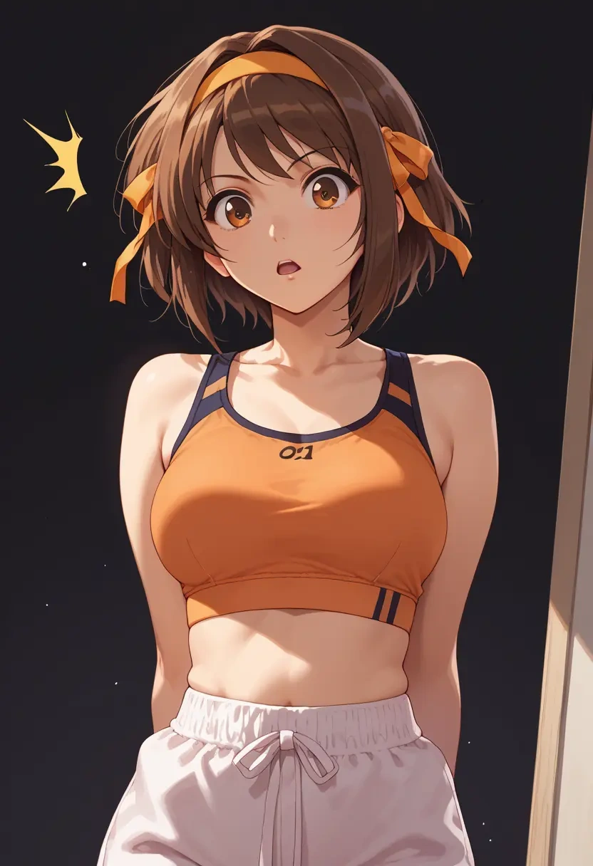 suzumiya_haruhi_no_yuuutsu,asahina_mikuru,sports bra,wide-leg joggers  - 