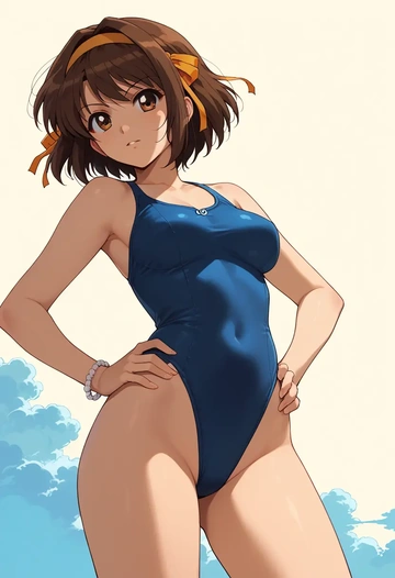 suzumiya_haruhi_no_yuuutsu,asahina_mikuru,retro style swimsuit,frilled neckline,bow detail  - AI generated anime art