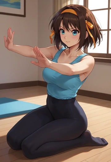 suzumiya_haruhi_no_yuuutsu,asakura_ryouko,leggings,yoga  - AI generated anime art