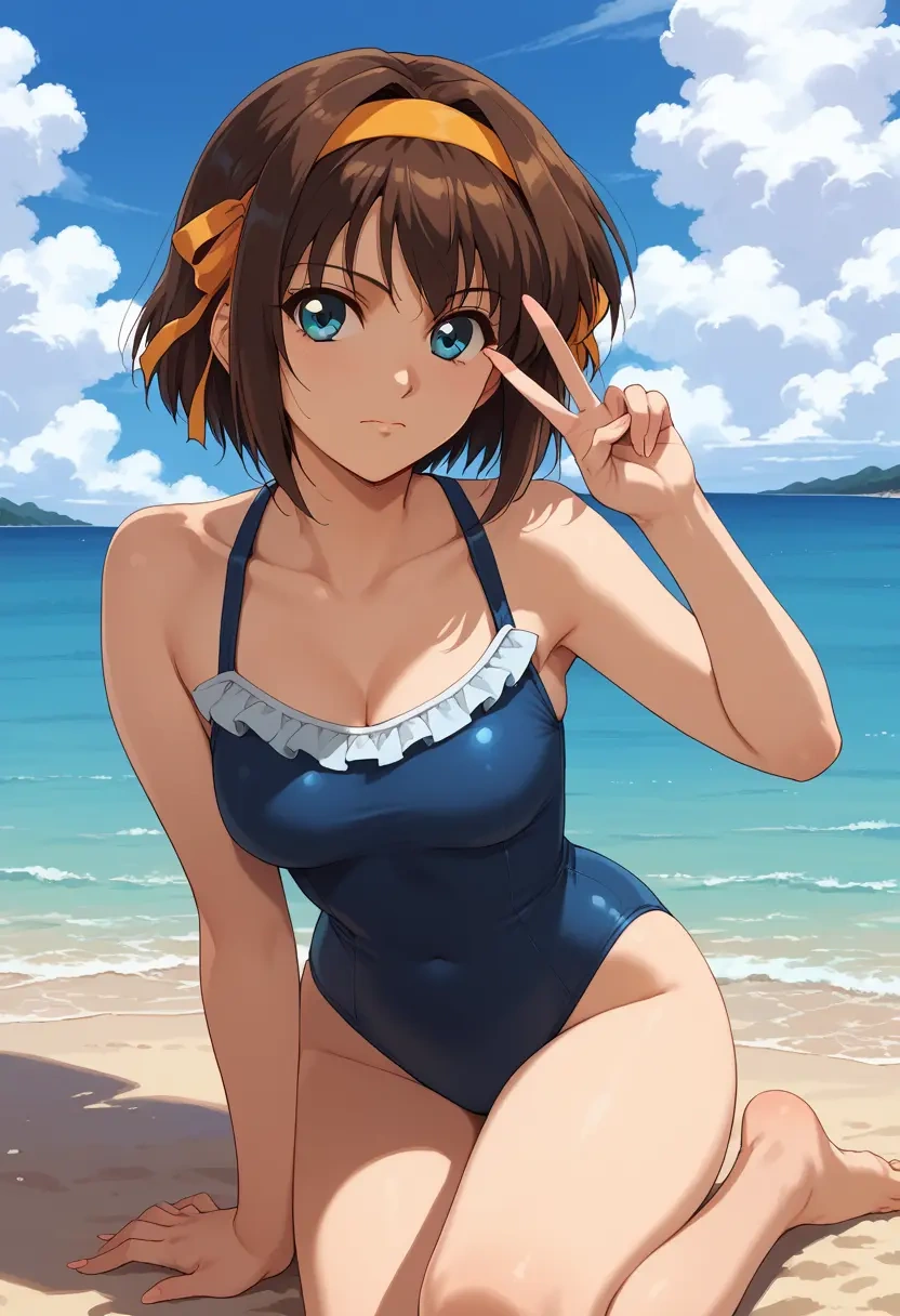 suzumiya_haruhi_no_yuuutsu,asakura_ryouko,retro style swimsuit,frilled neckline,bow detail  - 