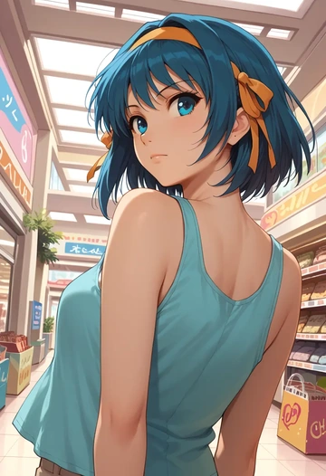 suzumiya_haruhi_no_yuuutsu,asakura_ryouko,tank top,mesh,cycling shorts  - AI generated anime art