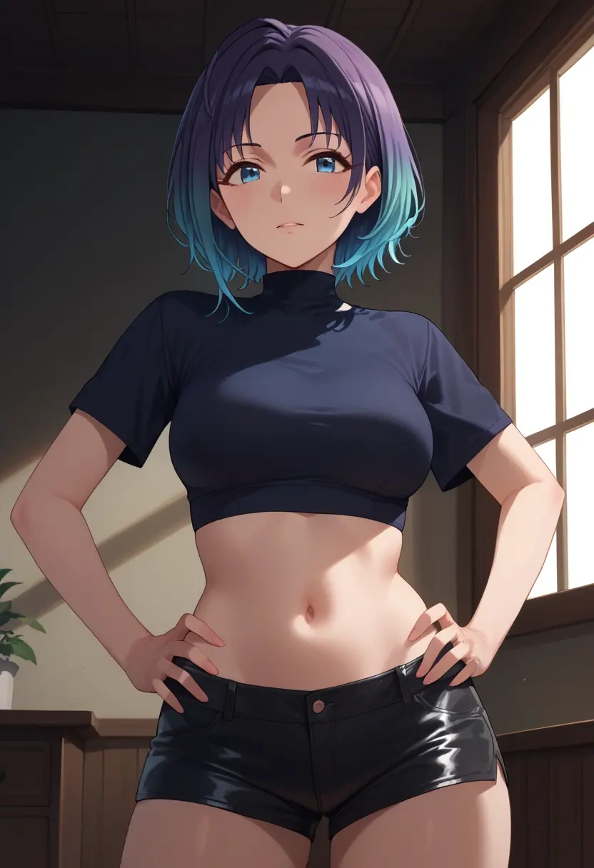 idolmaster,asakura_toru,leather,shorts,crop top  - 