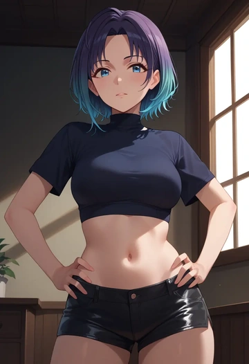 idolmaster,asakura_toru,leather,shorts,crop top  - AI generated anime art