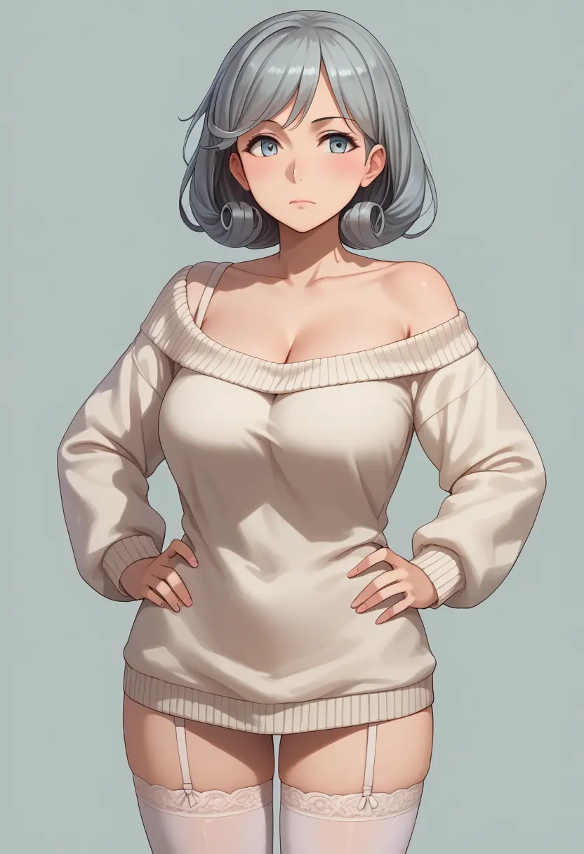 kantai_collection,asashimo_(kancolle),Hands on hips,off-shoulder,sweater,stockings  - 