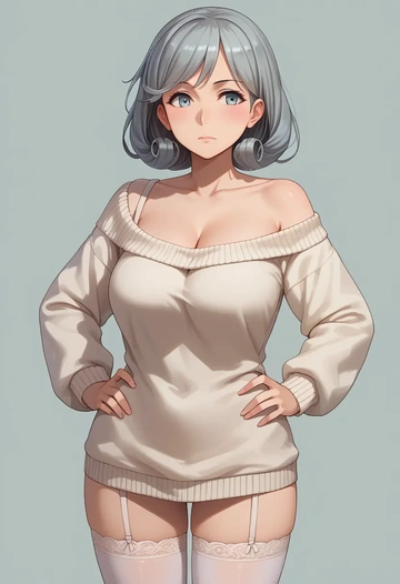 kantai_collection,asashimo_(kancolle),Hands on hips,off-shoulder,sweater,stockings  - AI generated anime art