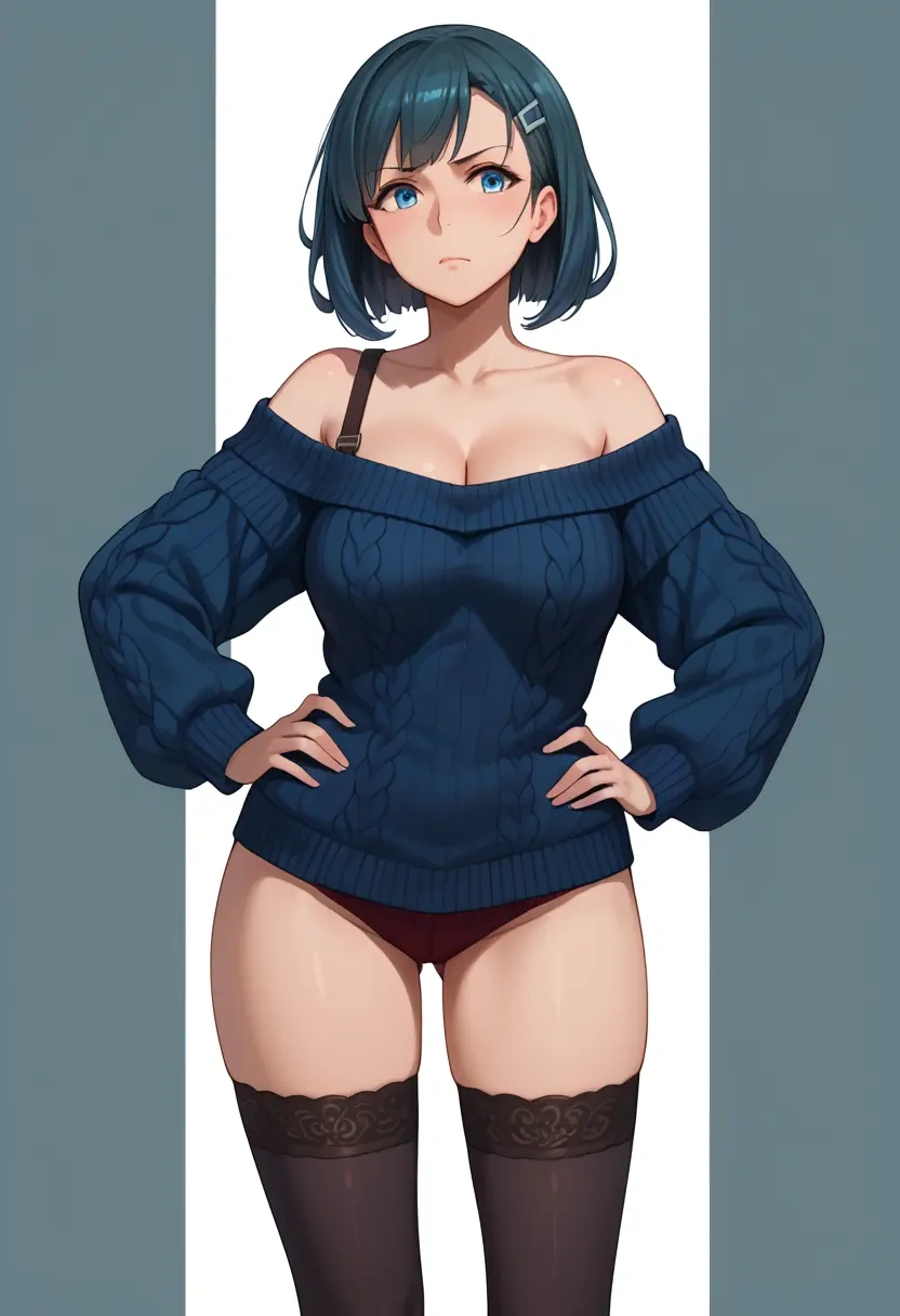 kantai_collection,asashio_(kancolle),Hands on hips,off-shoulder,sweater,stockings  - 