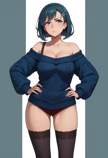 kantai_collection,asashio_(kancolle),Hands on hips,off-shoulder,sweater,stockings  - AI generated anime art