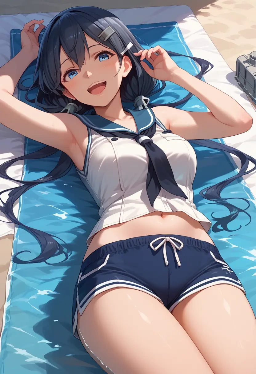 kantai_collection,asashio_(kancolle),sleeveless swim top,shorts-style bottom,contrast stitching  - 