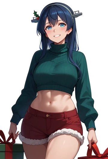 kantai_collection,asashio_kai_ni_(kancolle),Christmas,red velvet shorts,turtleneck sweater  - AI generated anime art