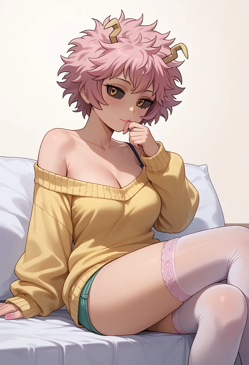 boku_no_hero_academia,ashido_mina,cross-legged,Head resting on hand,off-shoulder,sweater  - 