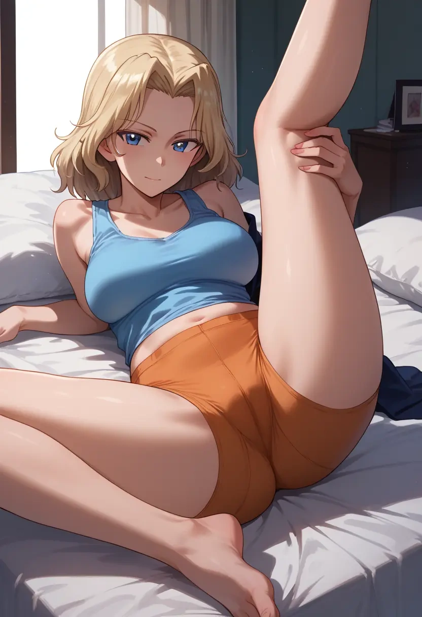 girls_und_panzer,assam_(girls_und_panzer),yoga shorts,spread legs,sexy,one leg up  - 