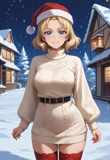 girls_und_panzer,assam_(girls_und_panzer),Christmas,sweater dress,stockings  - AI generated anime art