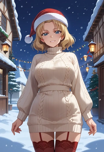 girls_und_panzer,assam_(girls_und_panzer),Christmas,sweater dress,stockings  - AI generated anime art