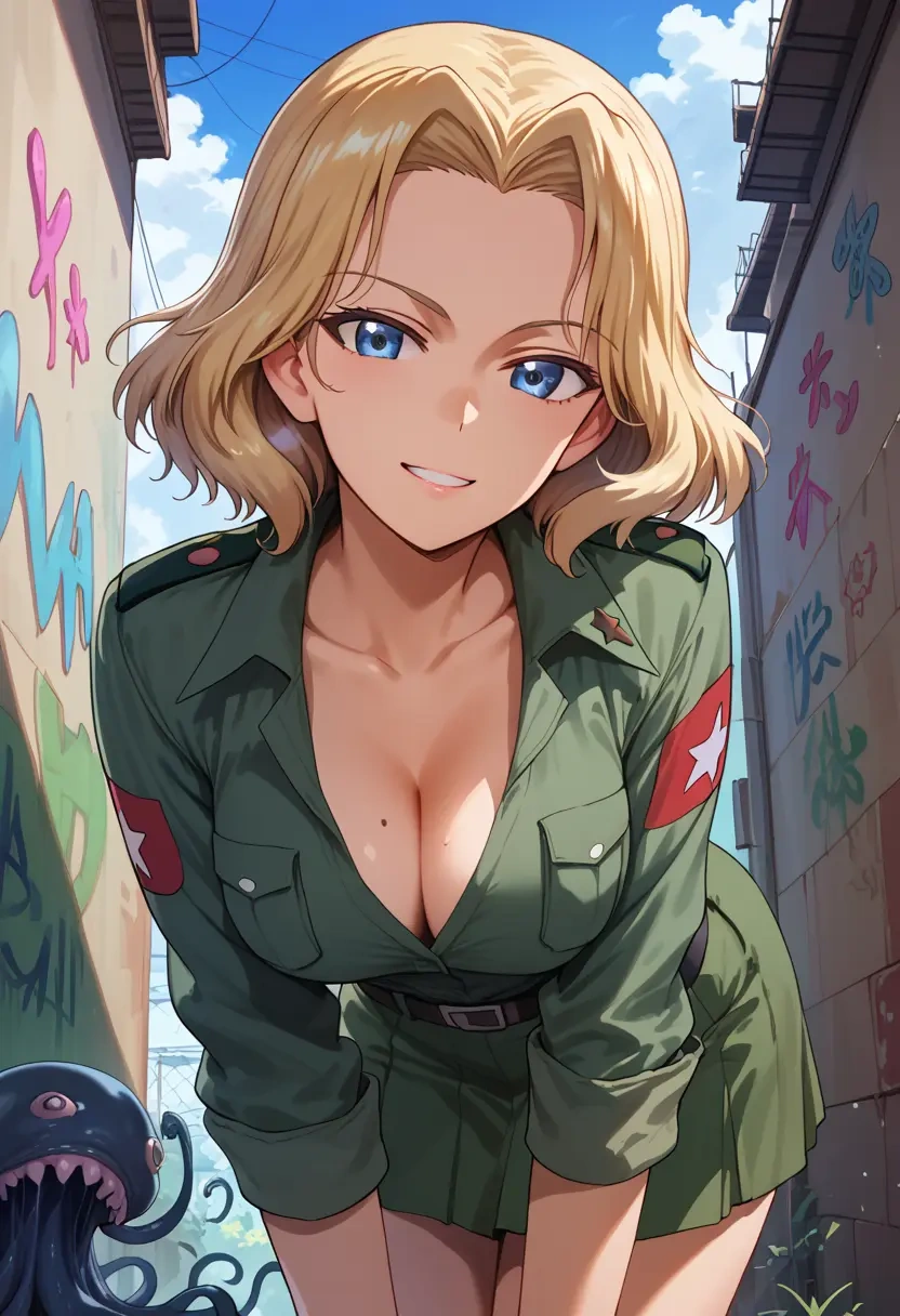 girls_und_panzer,assam_(girls_und_panzer),patchwork graffiti top,dolphin shorts  - 