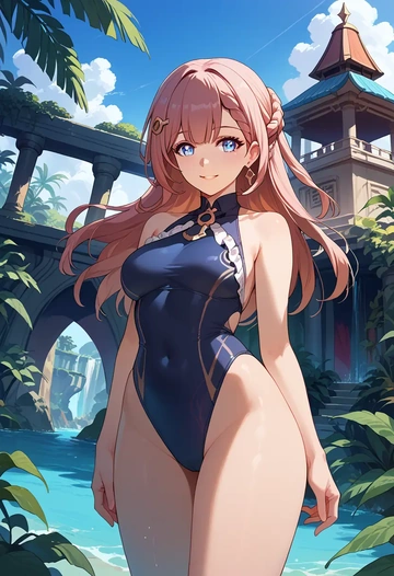 star rail,asta,retro style swimsuit,frilled neckline,bow detail  - AI generated anime art