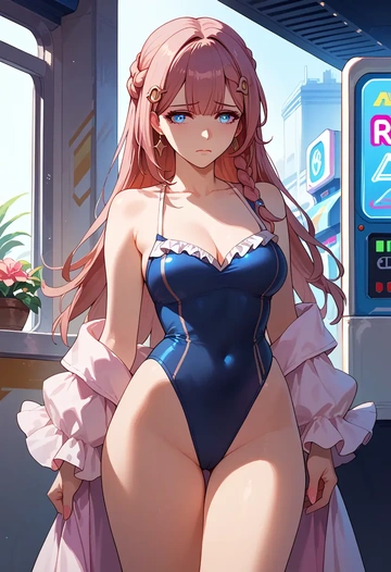 star rail,asta,retro style swimsuit,frilled neckline,bow detail  - AI generated anime art