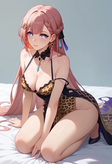 star rail,asta,leopard print,silk slip dress  - AI generated anime art