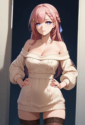 star rail,asta,Hands on hips,off-shoulder,sweater,stockings  - AI generated anime art