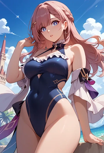 star rail,asta,retro style swimsuit,frilled neckline,bow detail  - AI generated anime art