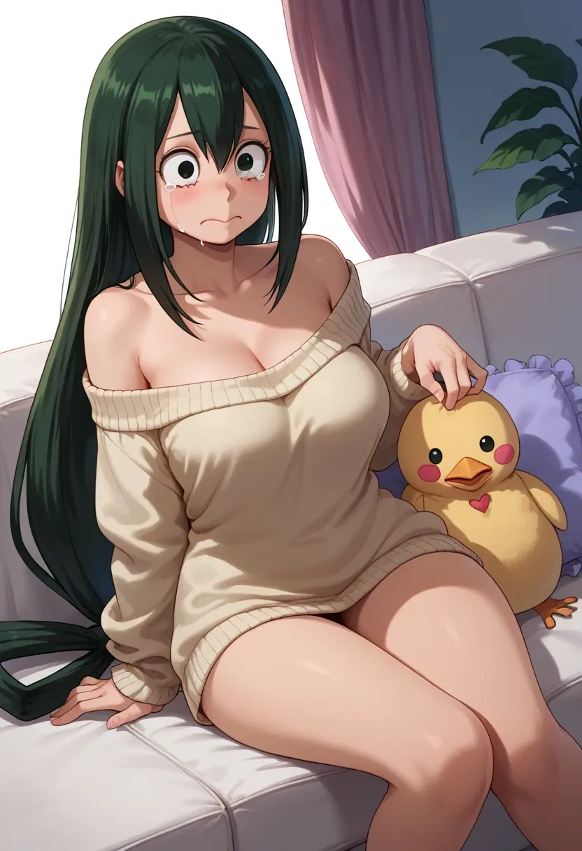 boku_no_hero_academia,asui_tsuyu,Pouting ,Teary-eyed,off-shoulder,sweater  - 