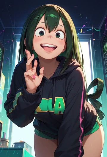 boku_no_hero_academia,asui_tsuyu,oversized graphic hoodie,thigh-high socks,shorts  - AI generated anime art