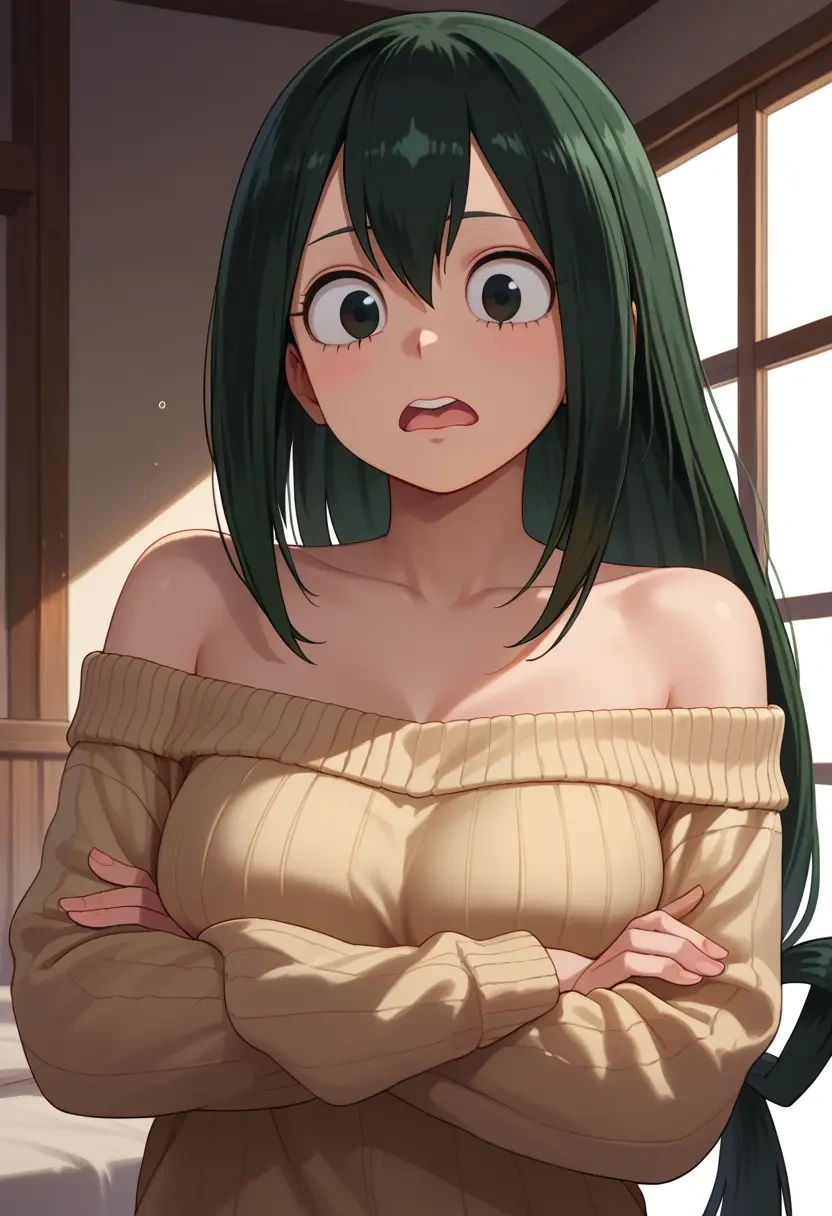 boku_no_hero_academia,asui_tsuyu,sweater,off-shoulder,collar  - 