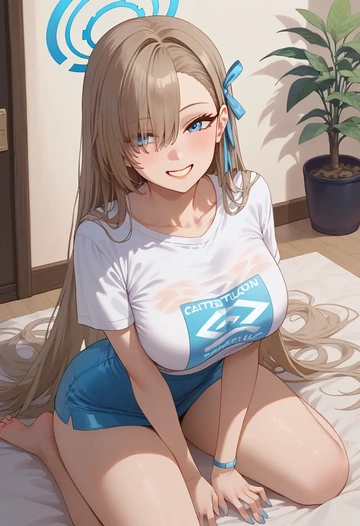 blue_archive,asuna_(blue_archive),handwritten script shirt,dolphin shorts  - AI generated anime art