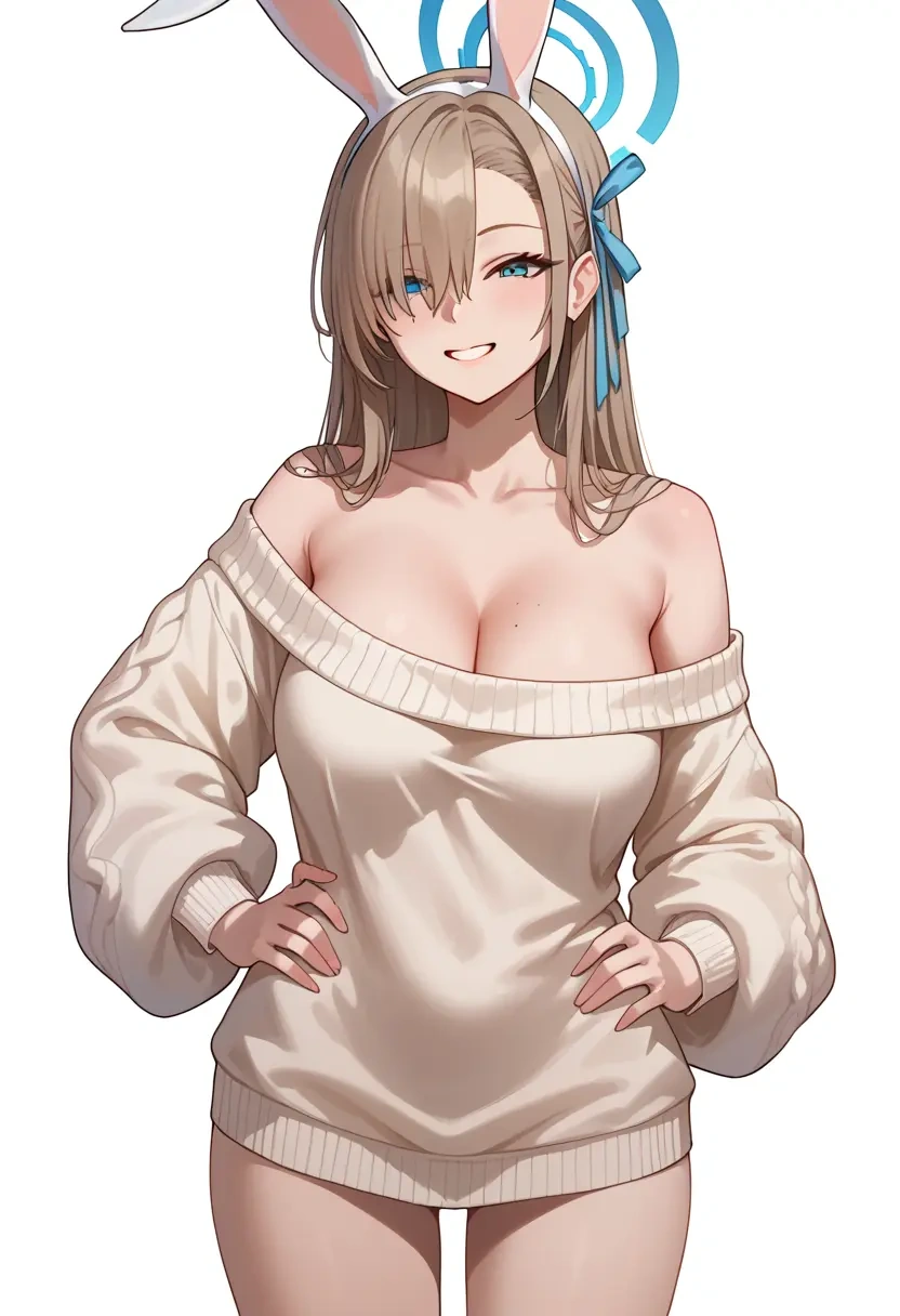 blue_archive,asuna_(bunny)_(blue_archive),Hands on hips,off-shoulder,sweater  - 