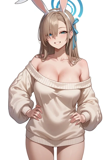 blue_archive,asuna_(bunny)_(blue_archive),Hands on hips,off-shoulder,sweater  - AI generated anime art