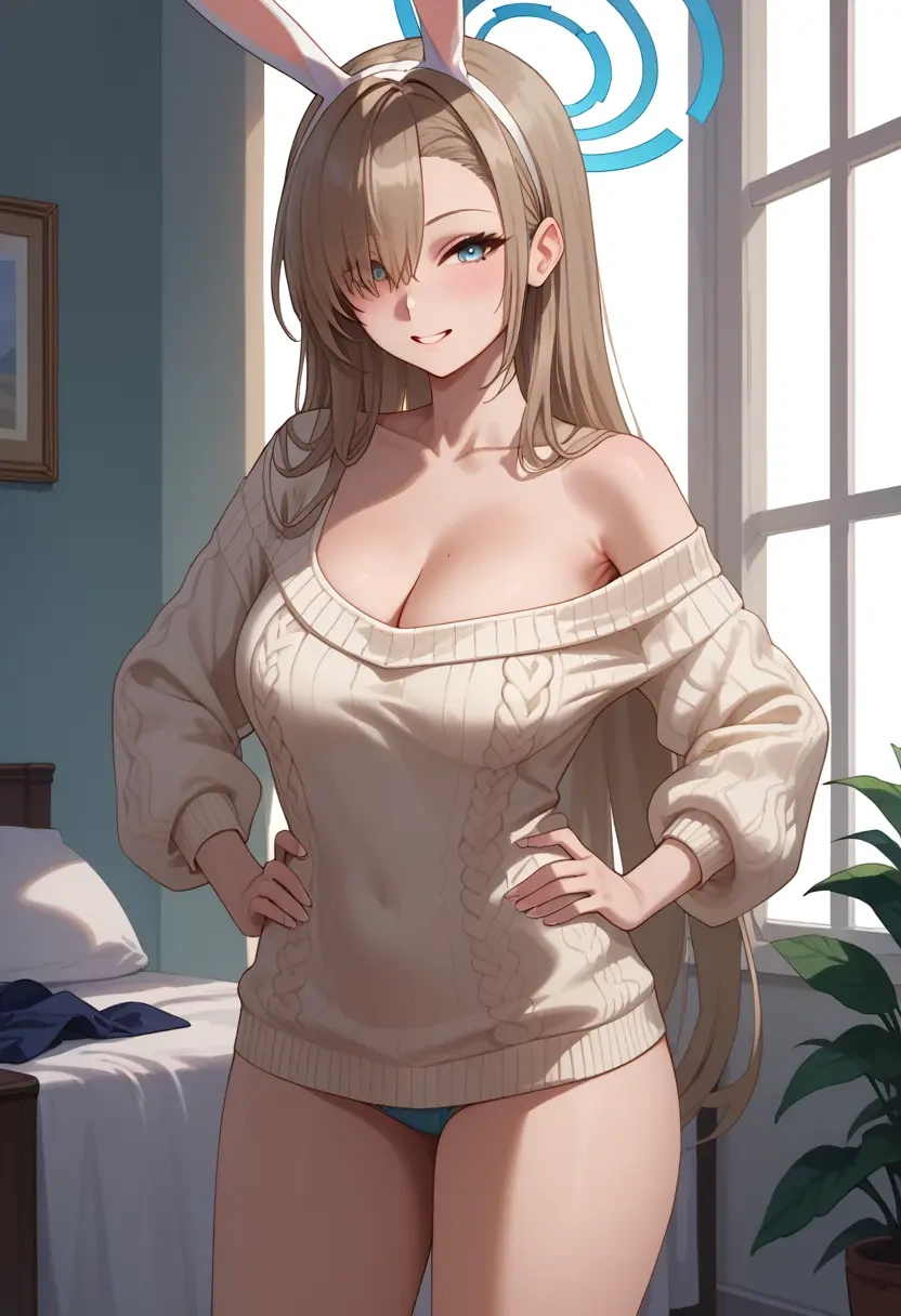 blue_archive,asuna_(bunny)_(blue_archive),Hands on hips,off-shoulder,sweater  - 