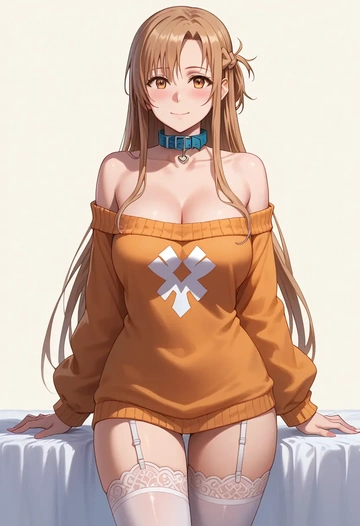 sword_art_online,asuna_(sao),blushing,collar,off-shoulder,sweater,stockings  - AI generated anime art