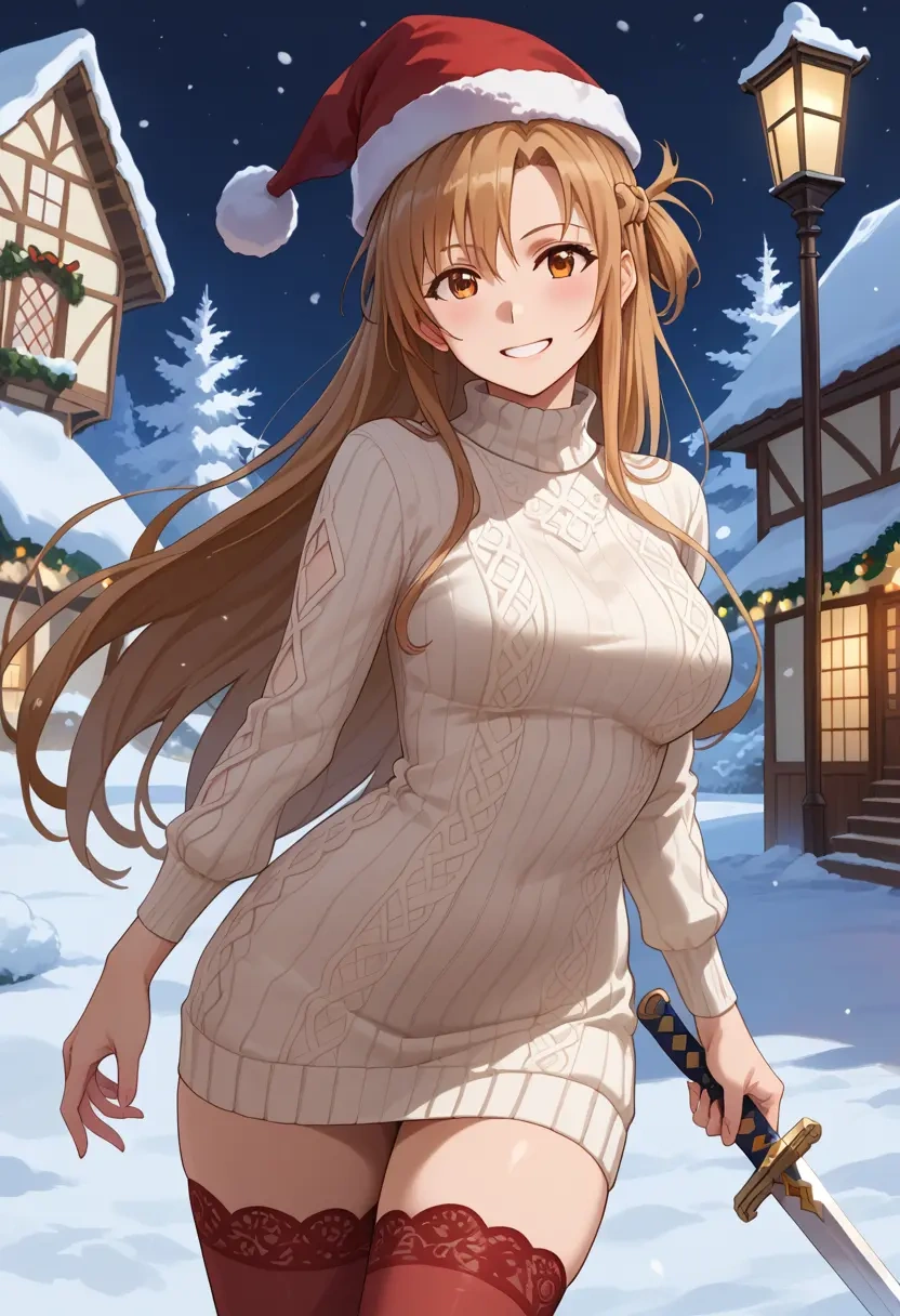 sword_art_online,asuna_(sao),Christmas,sweater dress,stockings  - 