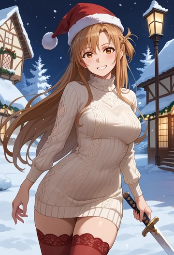 sword_art_online,asuna_(sao),Christmas,sweater dress,stockings  - AI generated anime art