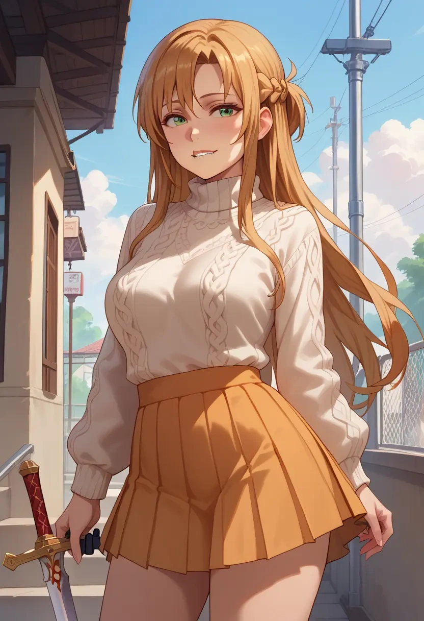 sword_art_online,asuna_(sao),sweater,cropped,pleated midi skirt  - 