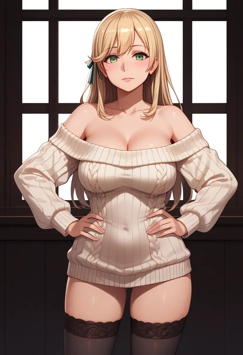 kantai_collection,atago_(kancolle),Hands on hips,off-shoulder,sweater,stockings  - 