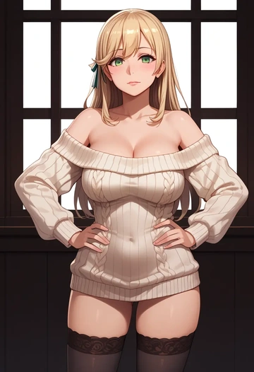 kantai_collection,atago_(kancolle),Hands on hips,off-shoulder,sweater,stockings  - AI generated anime art