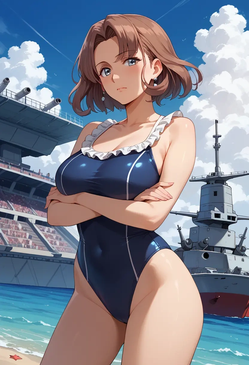 kantai_collection,atlanta_(kancolle),retro style swimsuit,frilled neckline,bow detail  - 