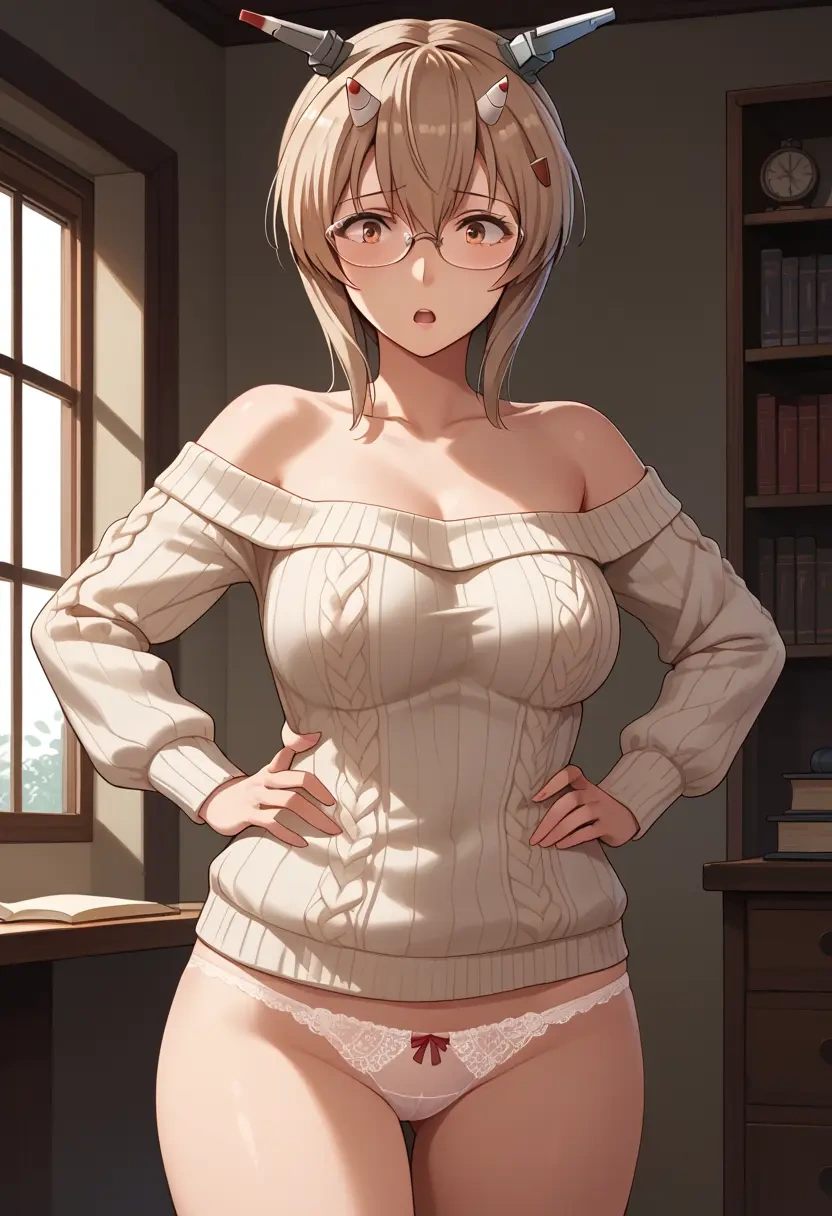 kantai_collection,ayanami_(kancolle),sweater,panties,off-shoulder,glasses,sexy  - 