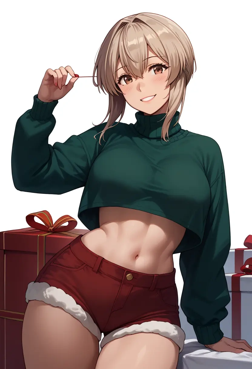 kantai_collection,ayanami_(kancolle),Christmas,red velvet shorts,turtleneck sweater  - 