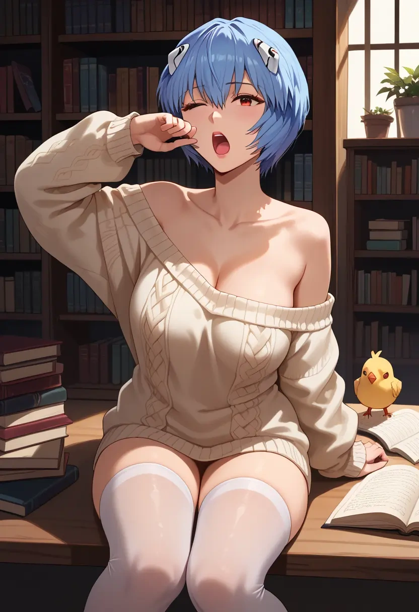 neon_genesis_evangelion,ayanami_rei,Yawning,off-shoulder,sweater,stockings  - 