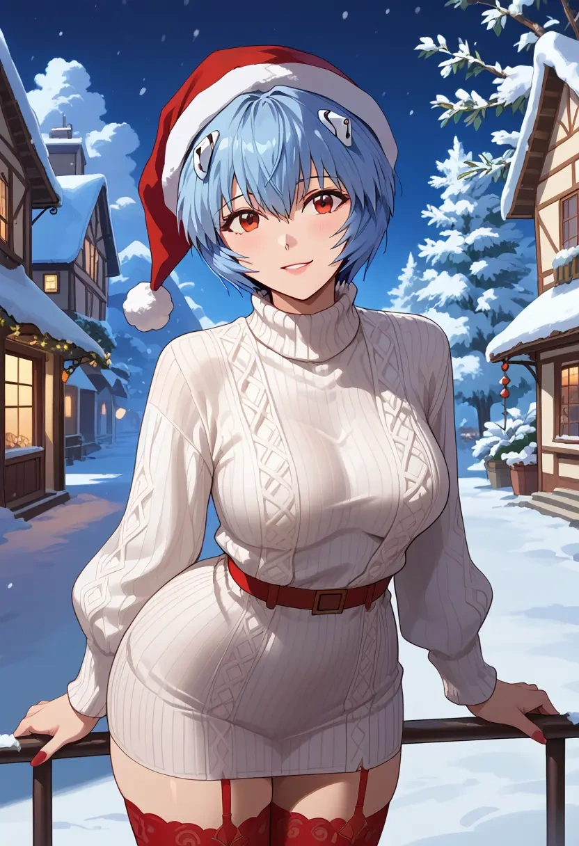 neon_genesis_evangelion,ayanami_rei,Christmas,sweater dress,stockings  - 