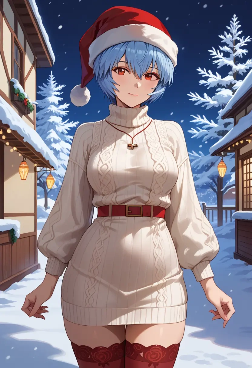 neon_genesis_evangelion,ayanami_rei,Christmas,sweater dress,stockings  - 